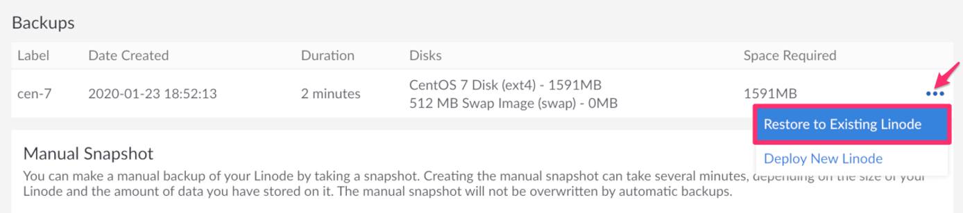 Restore Backup to Existing Linode Restore Backup to Existing Linode