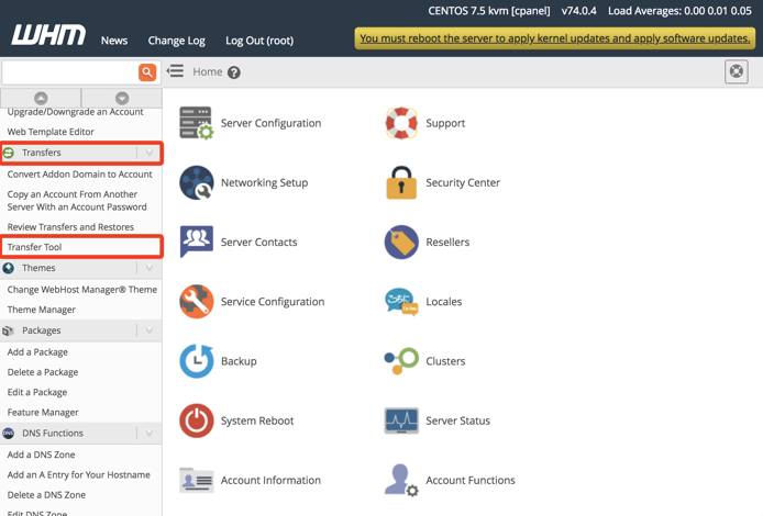 WHM Dashboard Transfer Tool Menu Option