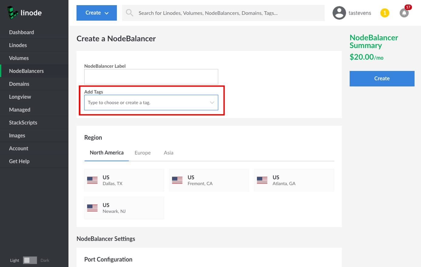 Select the tag you would like to use from the 'Add Tags' dropdown menu, or type to create a new tag. Add Tags field in the NodeBalancer creation form