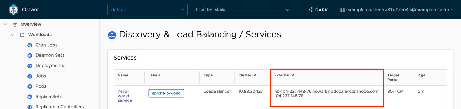 Octant Services - Hello World with External IP Highlighted Octant Services - Hello World with External IP Highlighted