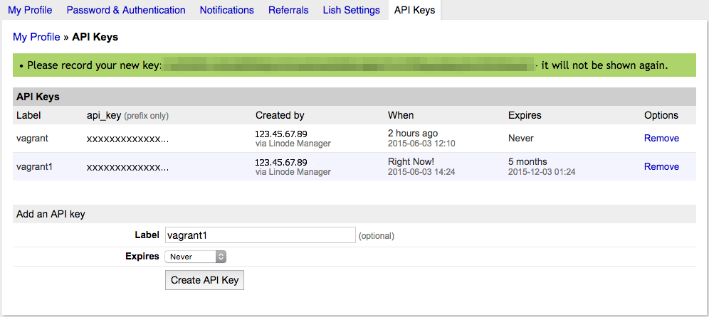 Linode API Key Generated