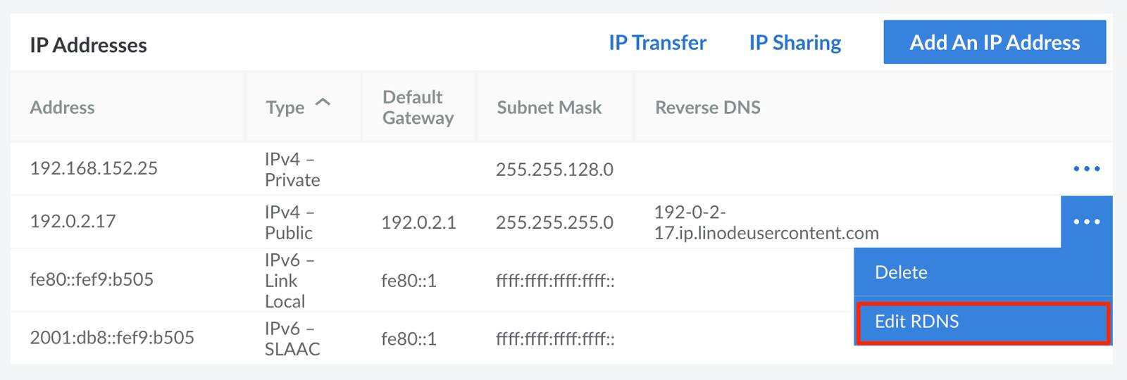Select ‘Edit RDNS’ option from the IP address menu. Select ‘Edit RDNS’ option from the IP address menu.