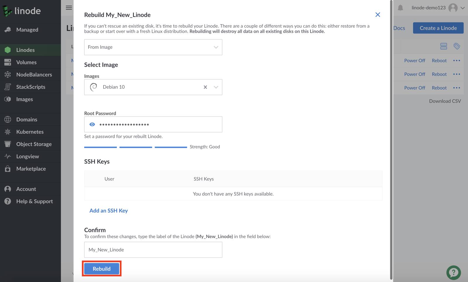 Cloud Manager Rebuild form - Rebuild button highlighted Cloud Manager Rebuild form - Rebuild button highlighted