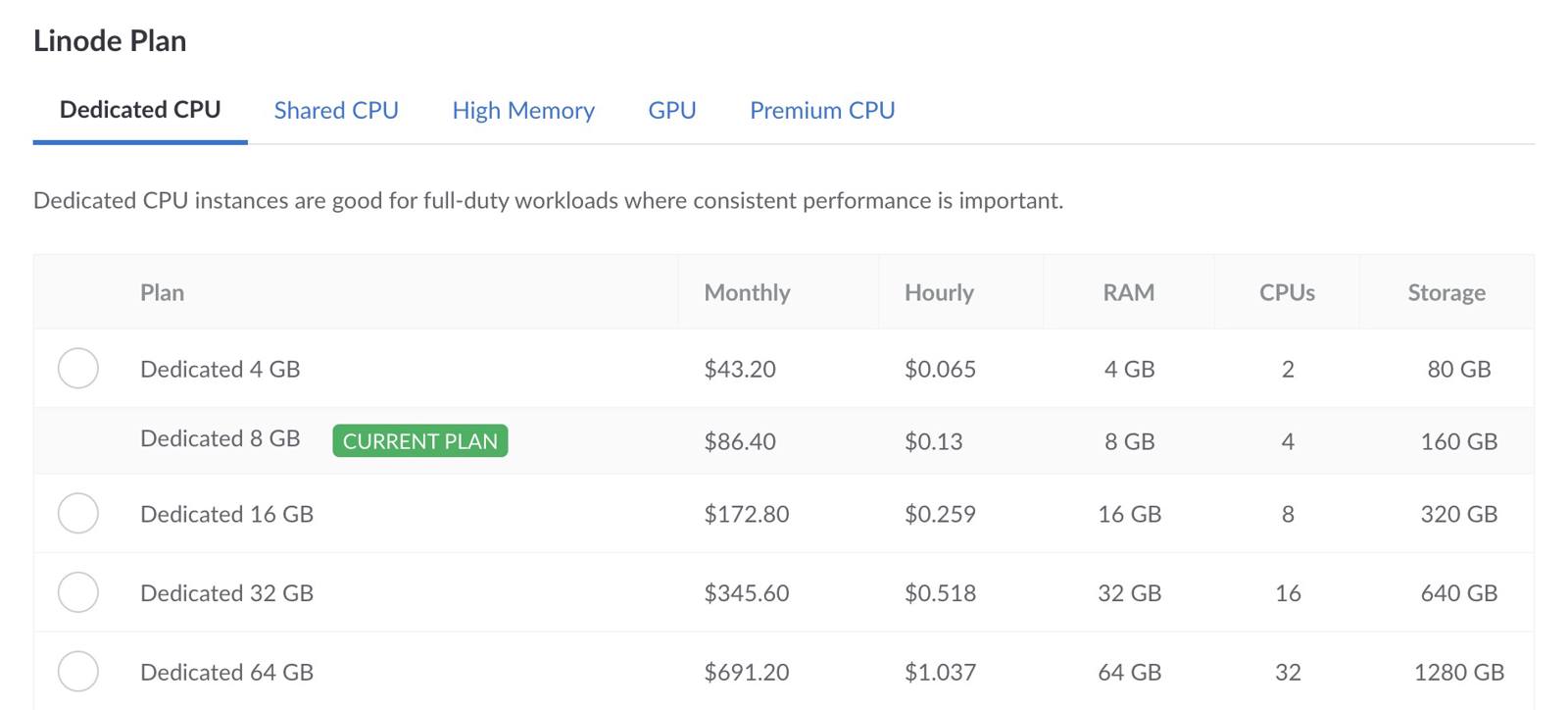 The Resize Linode panel in the Cloud Manager The Resize Linode panel in the Cloud Manager