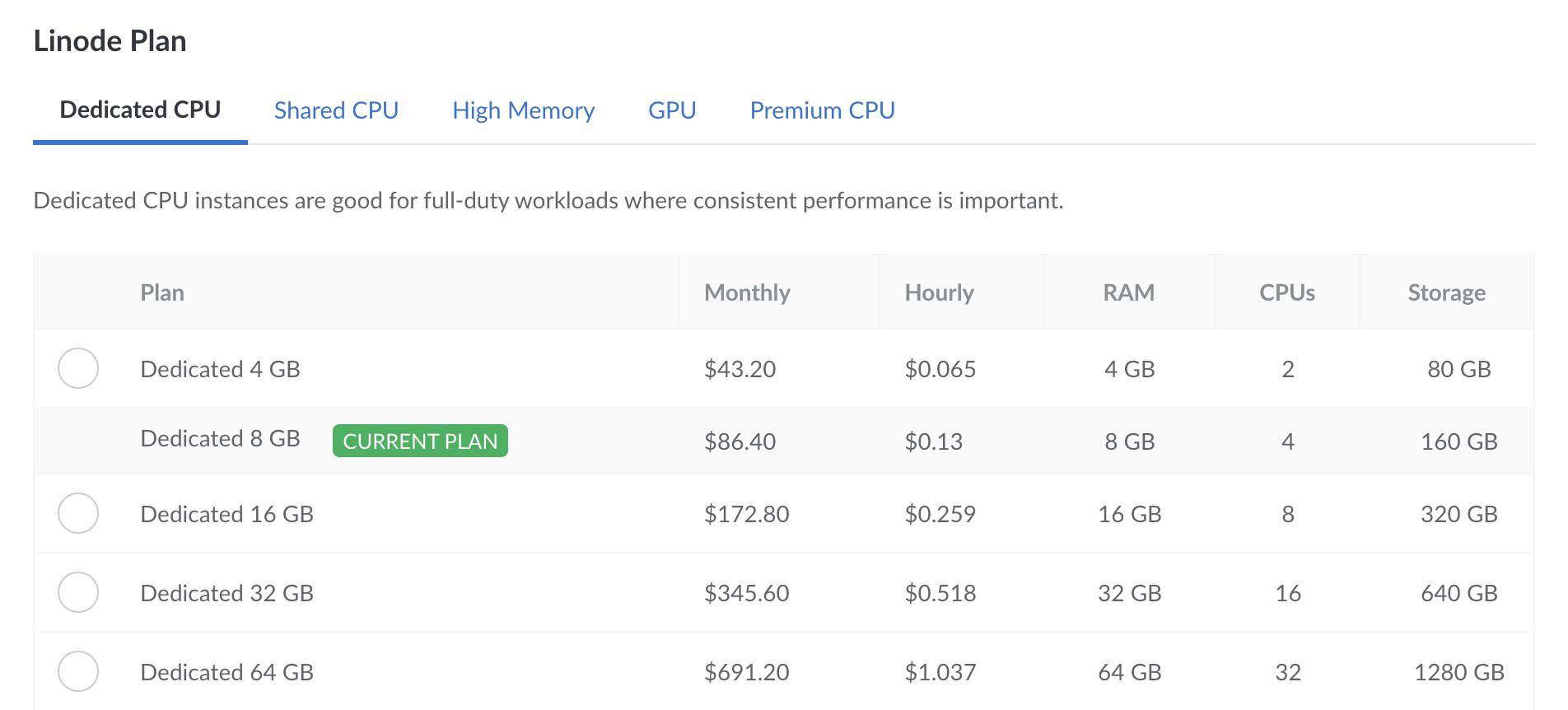 The Resize Linode panel in the Cloud Manager The Resize Linode panel in the Cloud Manager