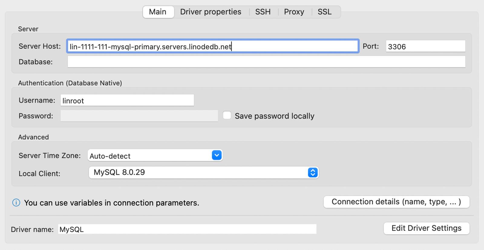 Screenshot of DBeaver’s MySQL connection settings. Screenshot of DBeaver’s MySQL connection settings.