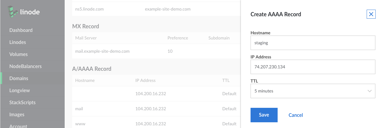 Create a new A record, following the instructions in the “Adding” section. Add the subdomain text to the “Hostname” field. For example, you could type “staging” - NOT “staging.example-site-demo.com”. Create a new A record, following the instructions in the “Adding” section. Add the subdomain text to the “Hostname” field. For example, you could type “staging” - NOT “staging.example-site-demo.com”.