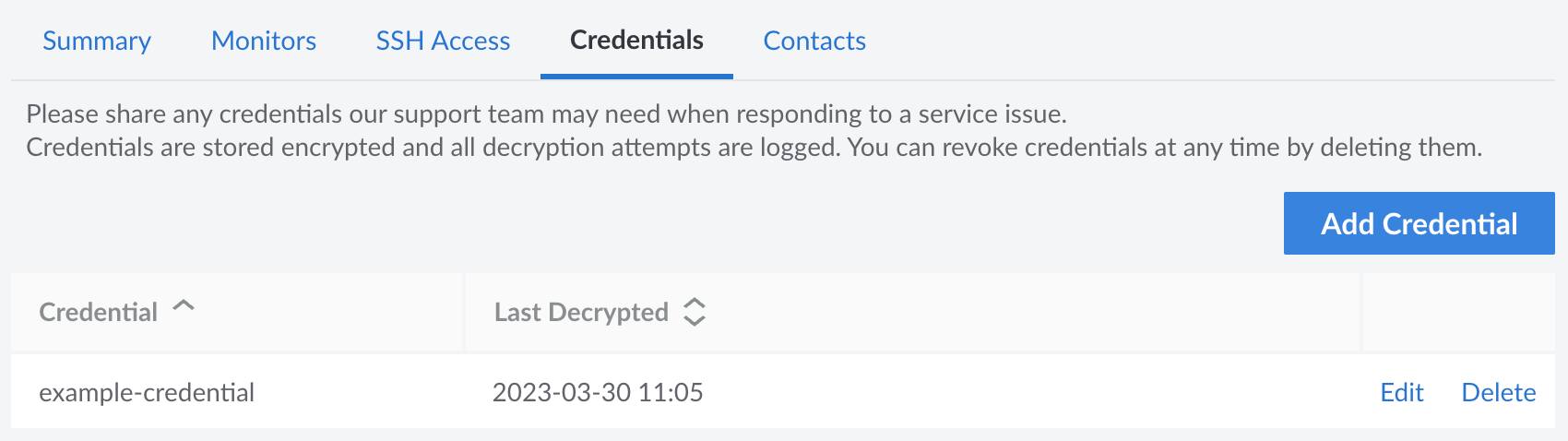Screenshot of credentials for Managed Services in the Cloud Manager Screenshot of credentials for Managed Services in the Cloud Manager