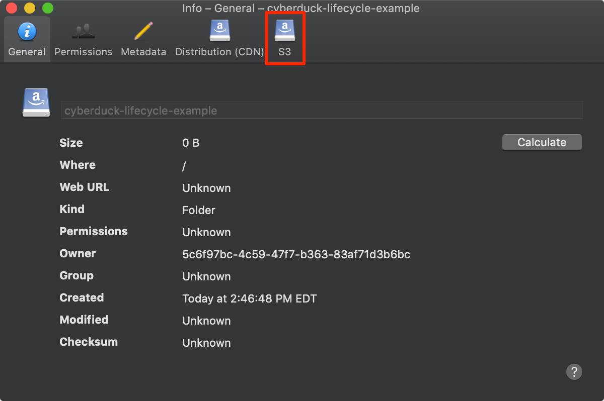 Open the Cyberduck bucket settings menu. Open the Cyberduck bucket settings menu.