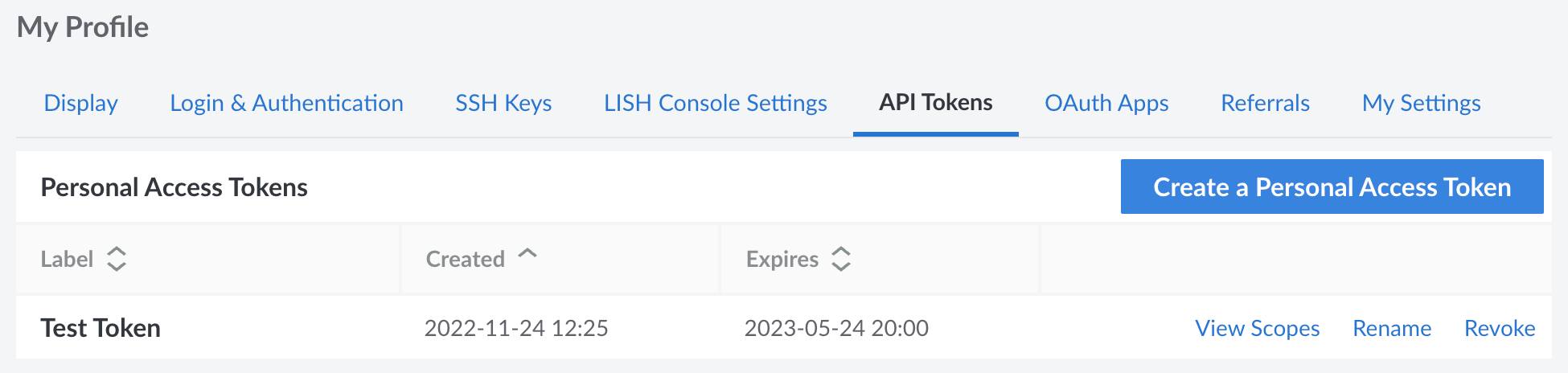 Screenshot of personal access tokens in the Cloud Manager Screenshot of personal access tokens in the Cloud Manager