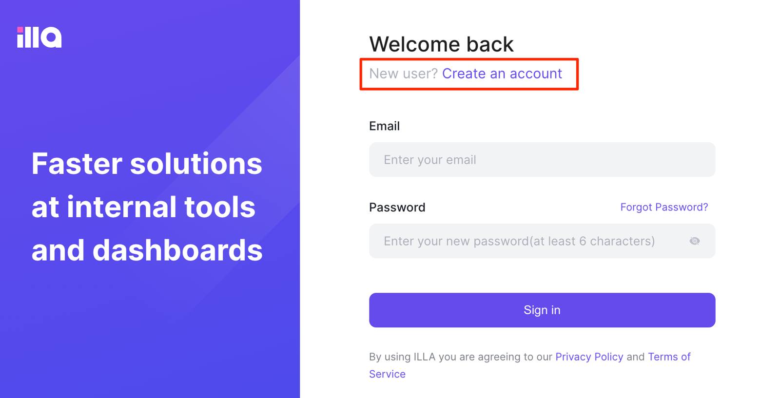 Screenshot of the ILLA Builder login Screenshot of the ILLA Builder login