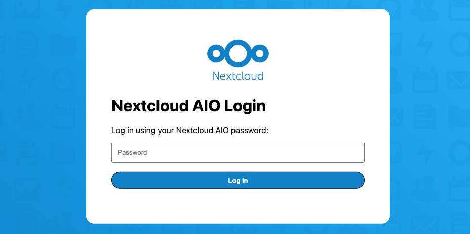Screenshot of the Nextcloud AIO log in prompt Screenshot of the Nextcloud AIO log in prompt